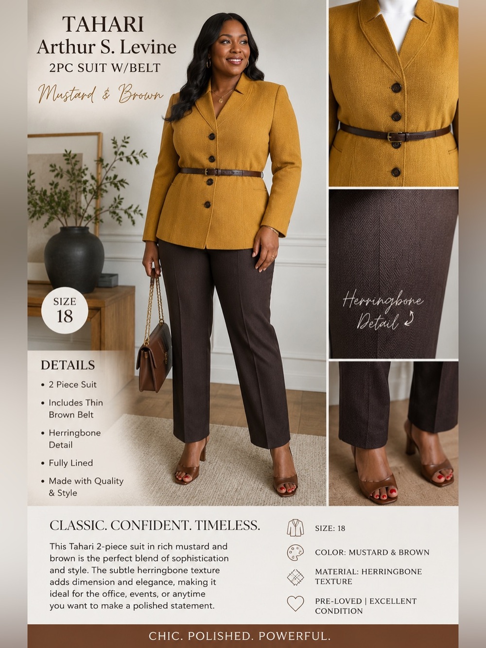 Tahari Arthur S. Levine Mustard Yellow & Brown 2PC Suit Size 18, NWT